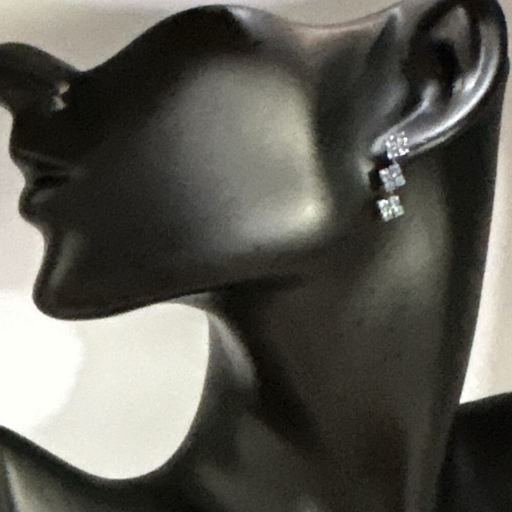 Vintage Silver Tone Square Blue Crystal Dangle Drop Stud Earrings